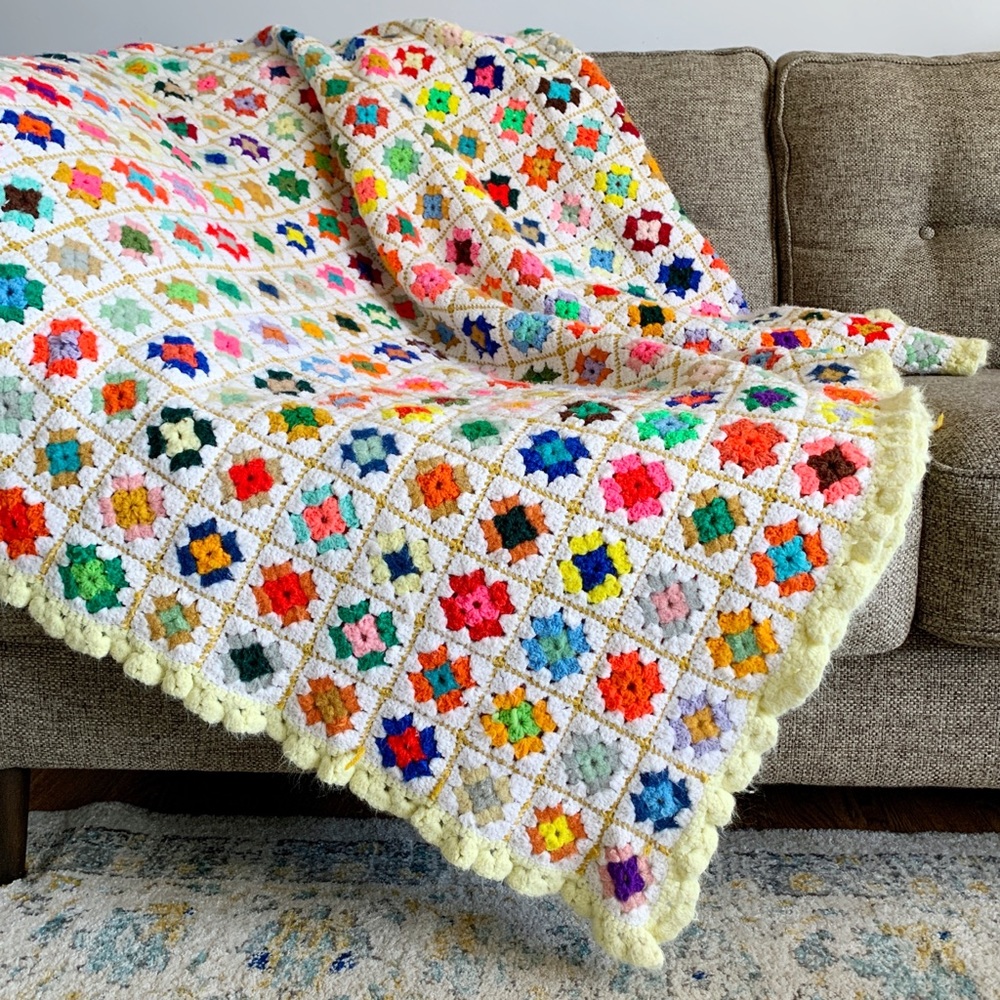 Vintage Handmade Boho Crochet Twin Throw Blanket